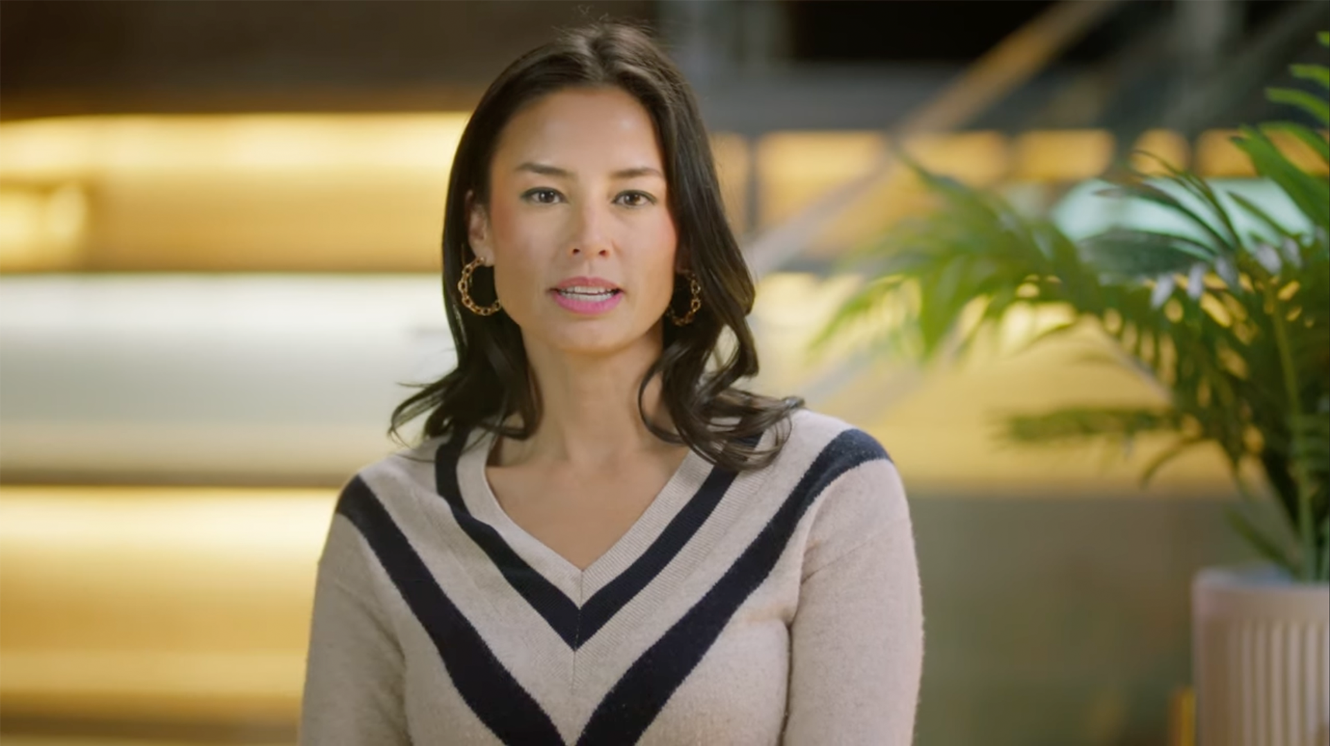 A woman with dark, shoulder-length hair speaks while wearing a beige v-neck sweater with a navy blue chevron pattern