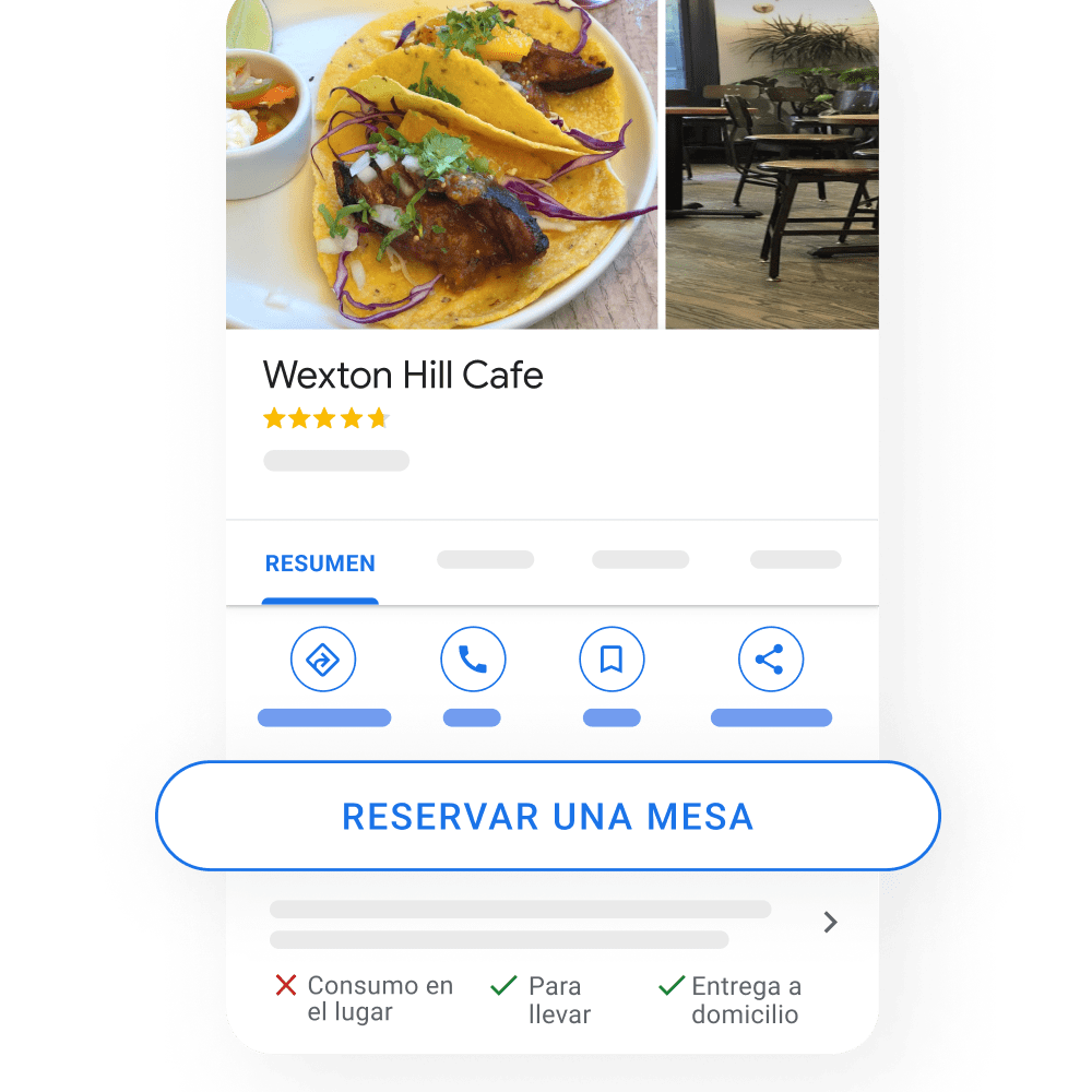 Imagen de la vista de un Perfil de Negocio en un dispositivo móvil donde se muestran 2 botones para los clientes: Reservar una mesa (Reserve a table) y Unirse a la lista de espera (Join waitlist).