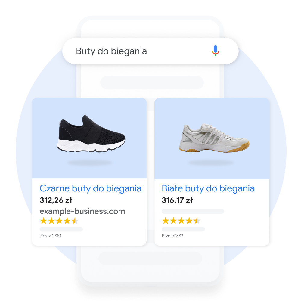 Interfejs mobilny przedstawiający dwa wyniki wyszukiwania butów do biegania w wyszukiwarce Google zawierające informacje o produktach.