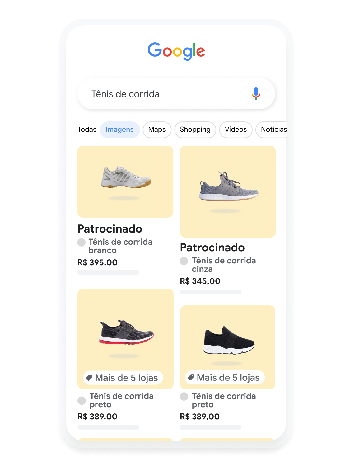 Interface animada do dispositivo móvel mostrando um usuário pesquisando tênis de corrida nas Imagens do Google.