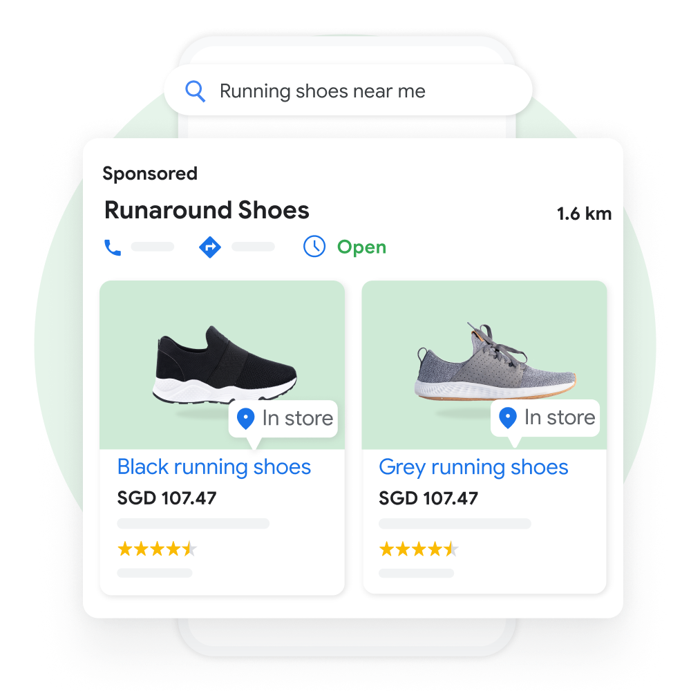 User interface demonstrating a user searching for running shoes on Google Maps, with a pop out of a sponsored Business Profile result previewing products available in-store enhanced for emphasis.