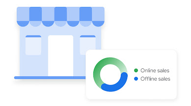 Illustration of a storefront and graph of online versus offline sales