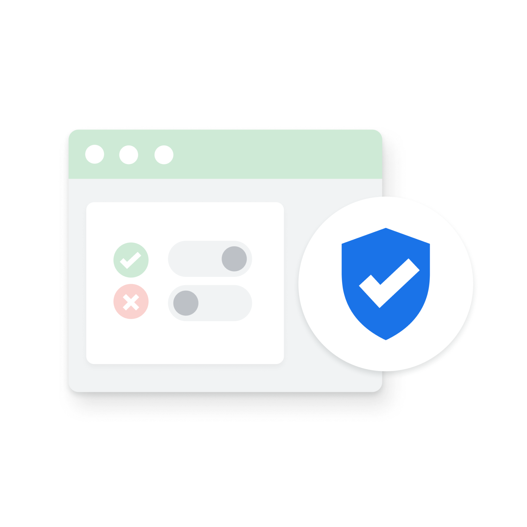 A webpage with a checkmark and a reject sign next to toggles and a shield in the foreground with a checkmark in the shield