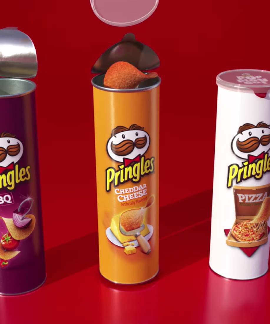 We see cans of BBQ, Cheddar Cheese, and Pizza Pringles.