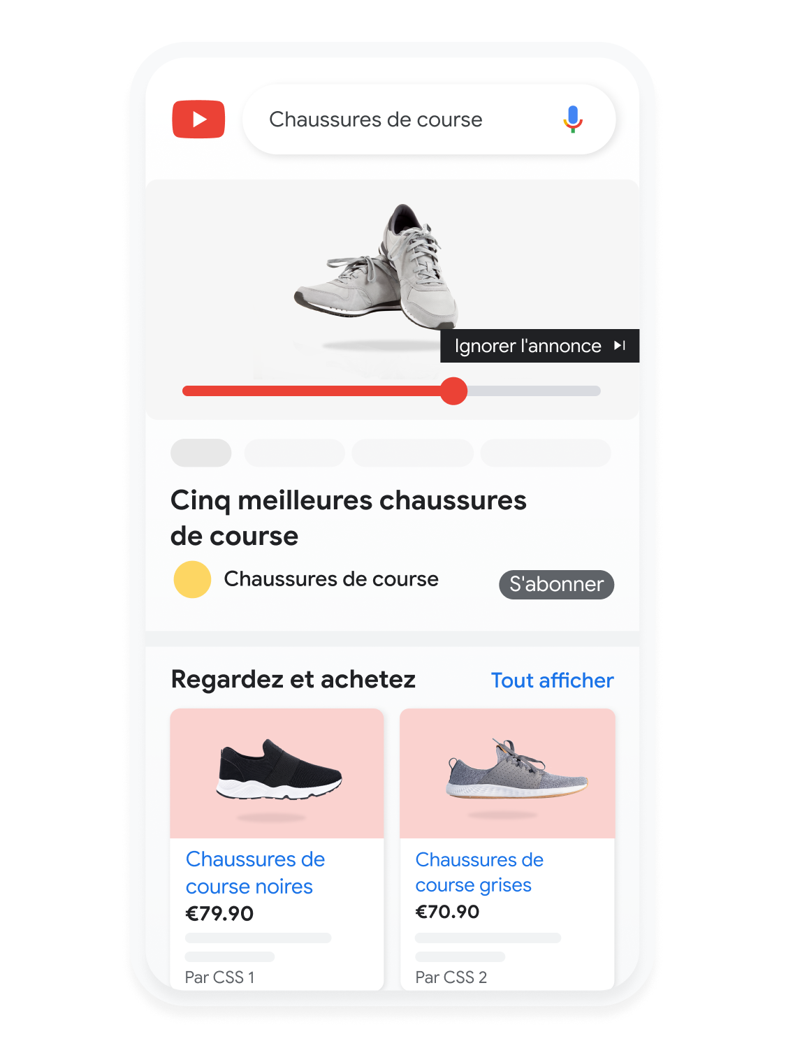 Interface utilisateur pour mobile animée montrant un utilisateur qui recherche des chaussures de course sur YouTube.