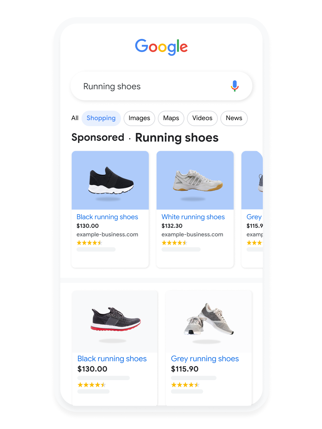 Mobile user interface animated to show a user searching for running shoes on Google Shopping.