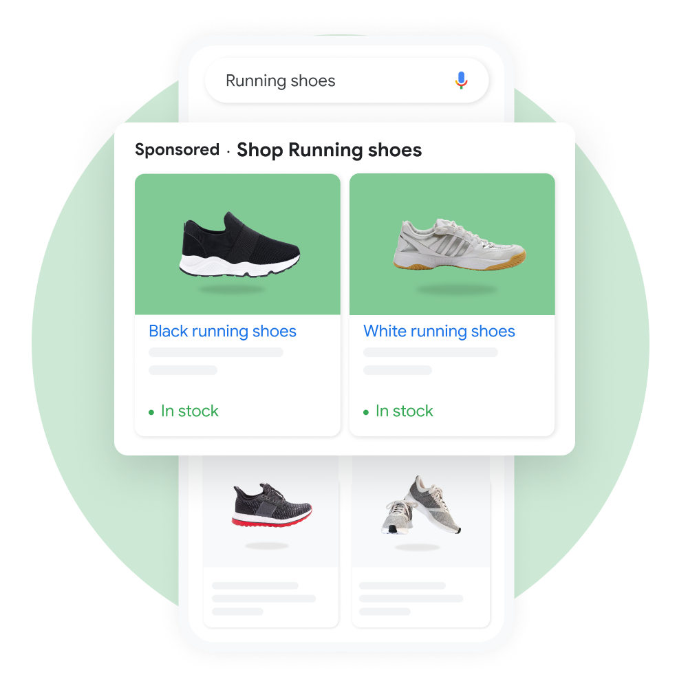 User interface demonstrating a user searching for running shoes on Google Shopping, with a pop out of the sponsored results enhanced for emphasis.