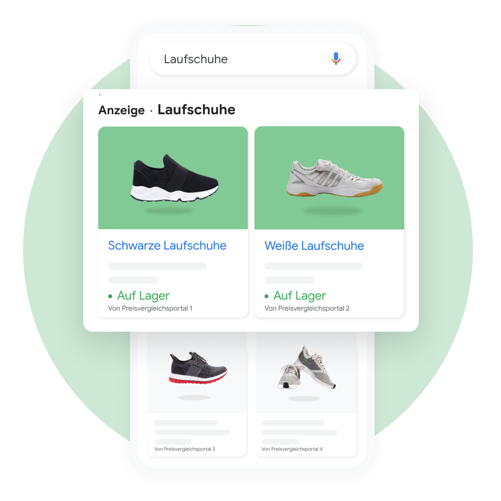 Eine Benutzeroberfläche zeigt, wie ein Nutzer auf Google Shopping nach Laufschuhen sucht. Gesponserte Ergebnisse werden zur Hervorhebung in einem eigenen Fenster präsentiert.