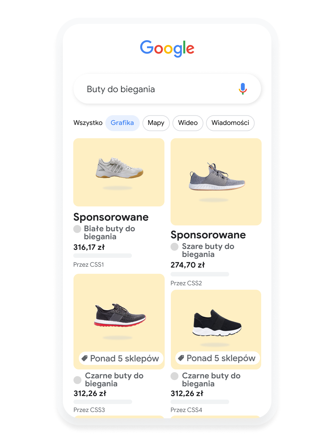 Animowany interfejs mobilny pokazujący, jak użytkownik wyszukuje buty do biegania w Grafice Google.