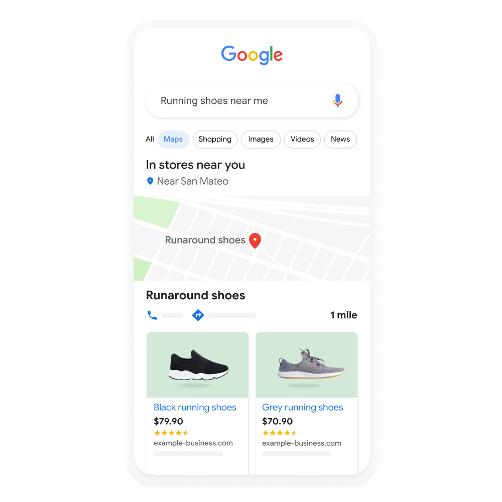 Mobile user interface animated to show a user searching for running shoes on Google Maps.