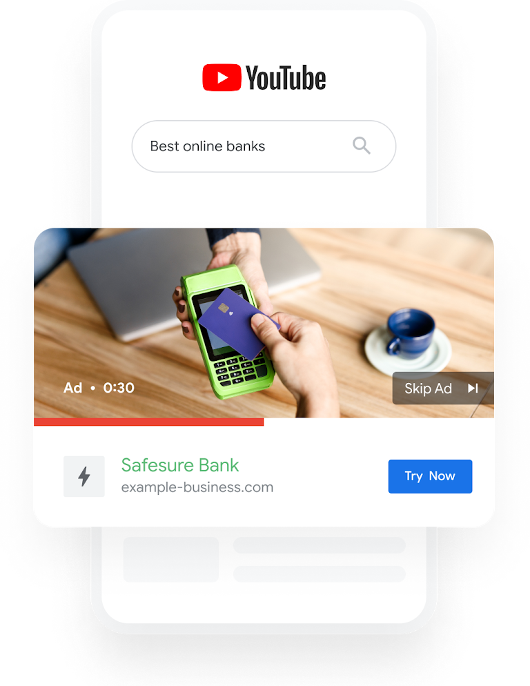 Illustration of a phone shows a YouTube search query for Best Online Banks surfacing a bank's video ad.