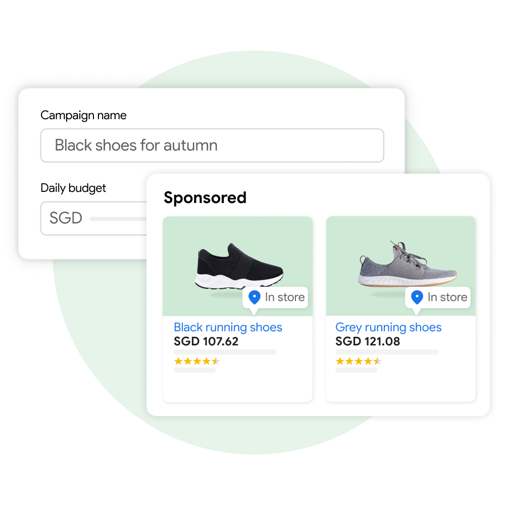 Two user interface modules: One demonstrating a user creating a name and budget for a new campaign in Performance Max and the other displays the customer experience of seeing sponsored product listings on Google Search as a result of that campaign.