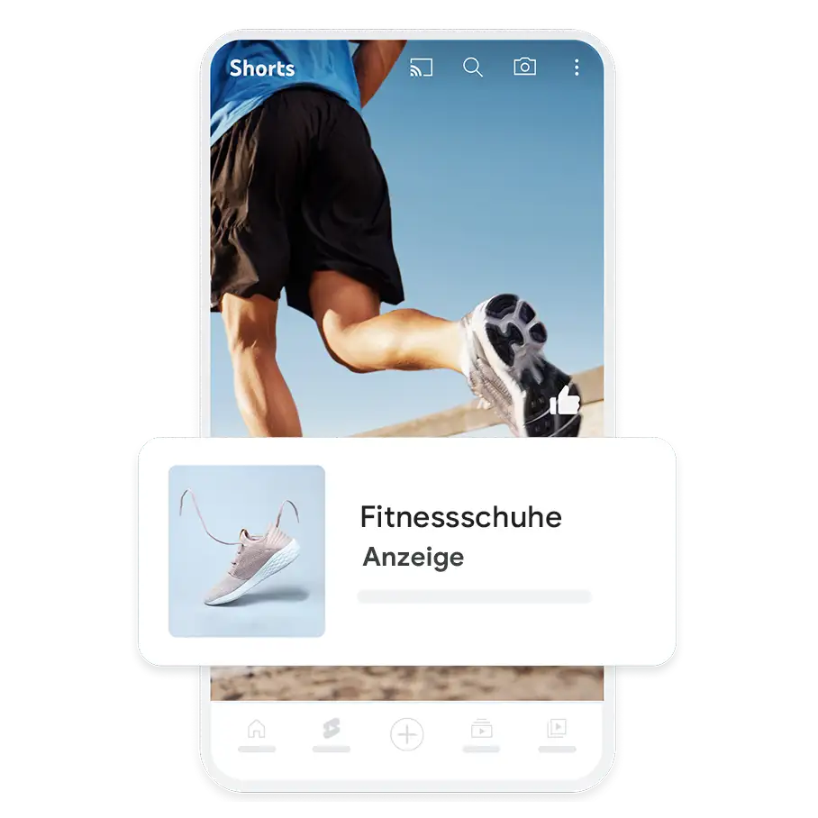Beispiel für eine mobile Demand Gen-Anzeige mit eingeblendetem YouTube Shorts-Video, in der für Sneaker geworben wird.