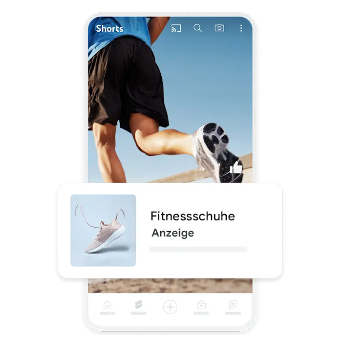 Beispiel für eine mobile Demand Gen-Anzeige mit eingeblendetem YouTube Shorts-Video, in der für Sneaker geworben wird.