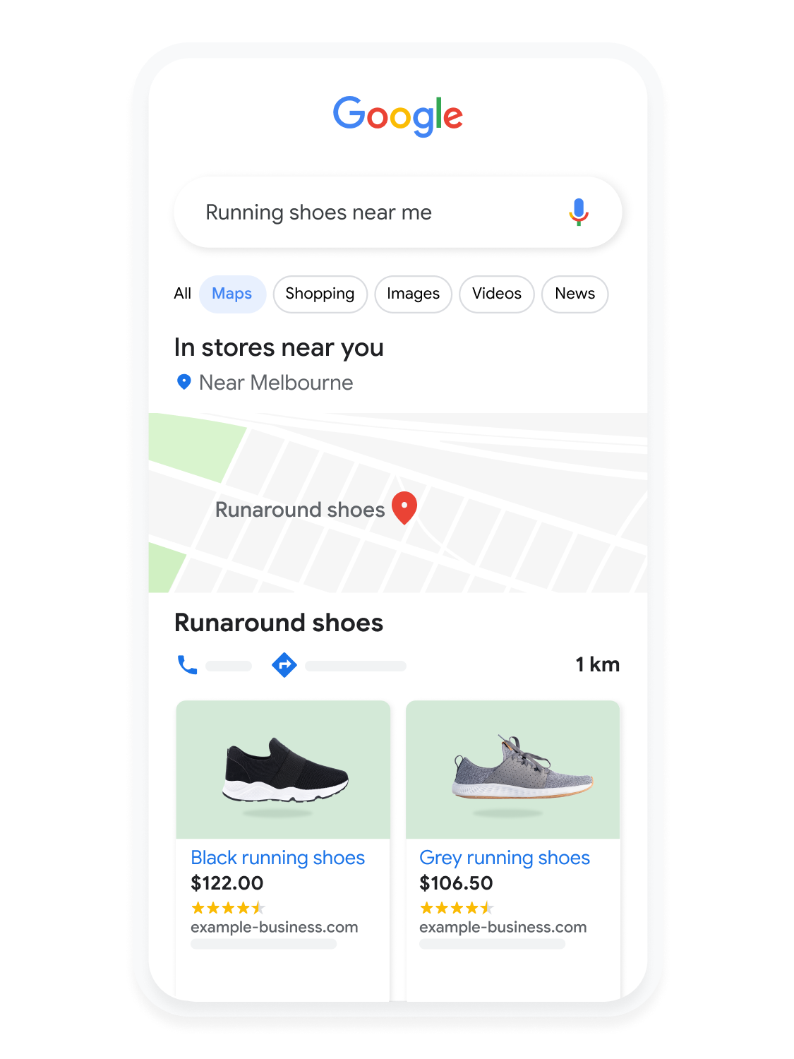 Mobile user interface animated to show a user searching for running shoes on Google Maps.