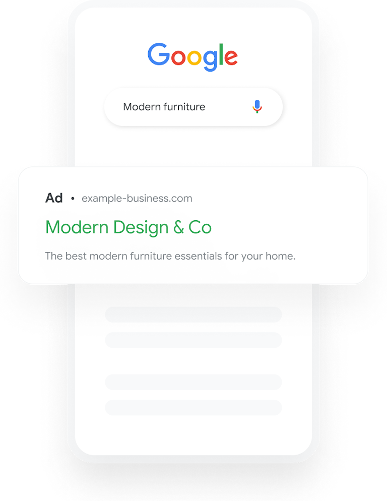 Illustration that shows a Google search query for home decor that results in a relevant furniture search ad showing.