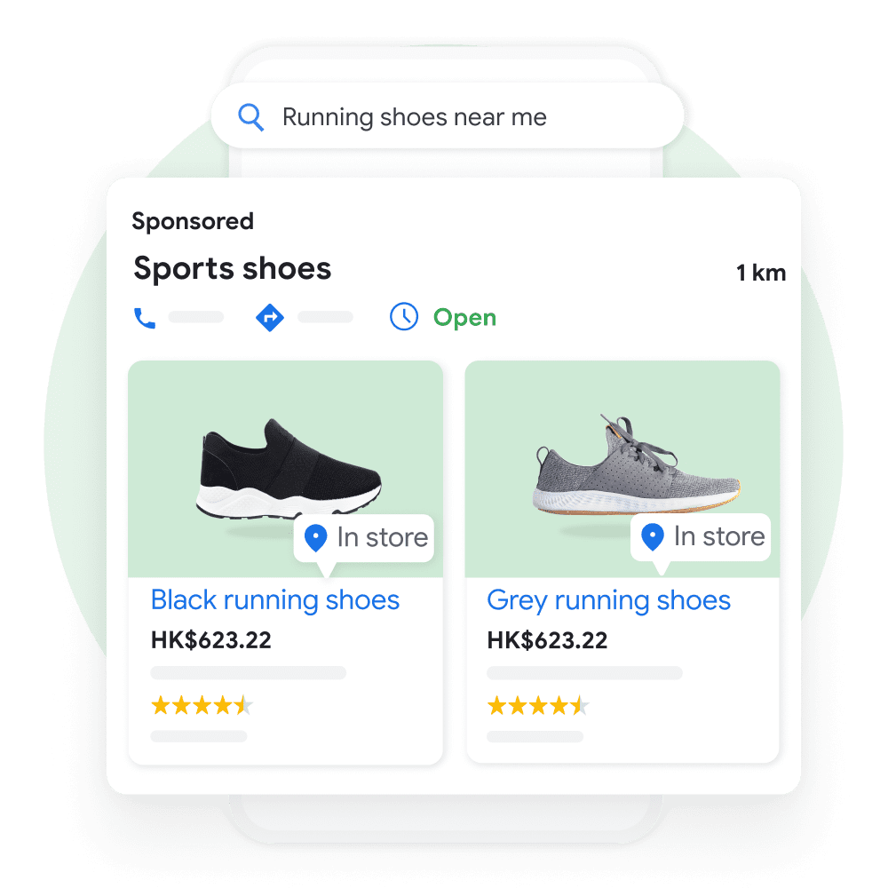 User interface demonstrating a user searching for running shoes on Google Maps, with a pop out of a sponsored Business Profile result previewing products available in-store enhanced for emphasis.