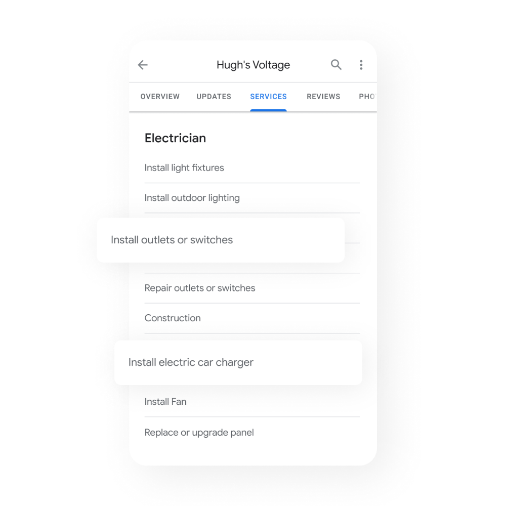 Business Profile services information like, electrician, install outlets or switches, install electric charger, install fan, replace or upgrade panel.