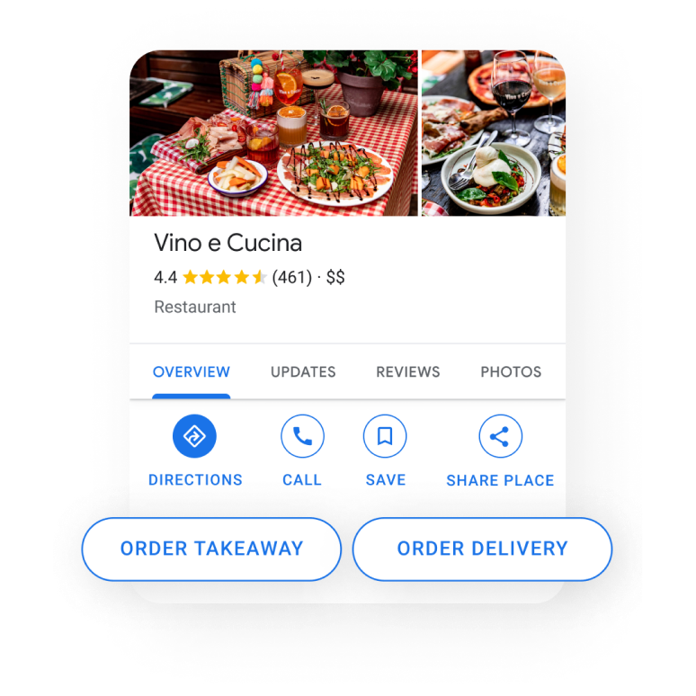 Image of a Business Profile in a mobile device popping out the buttons for order pickup and order delivery