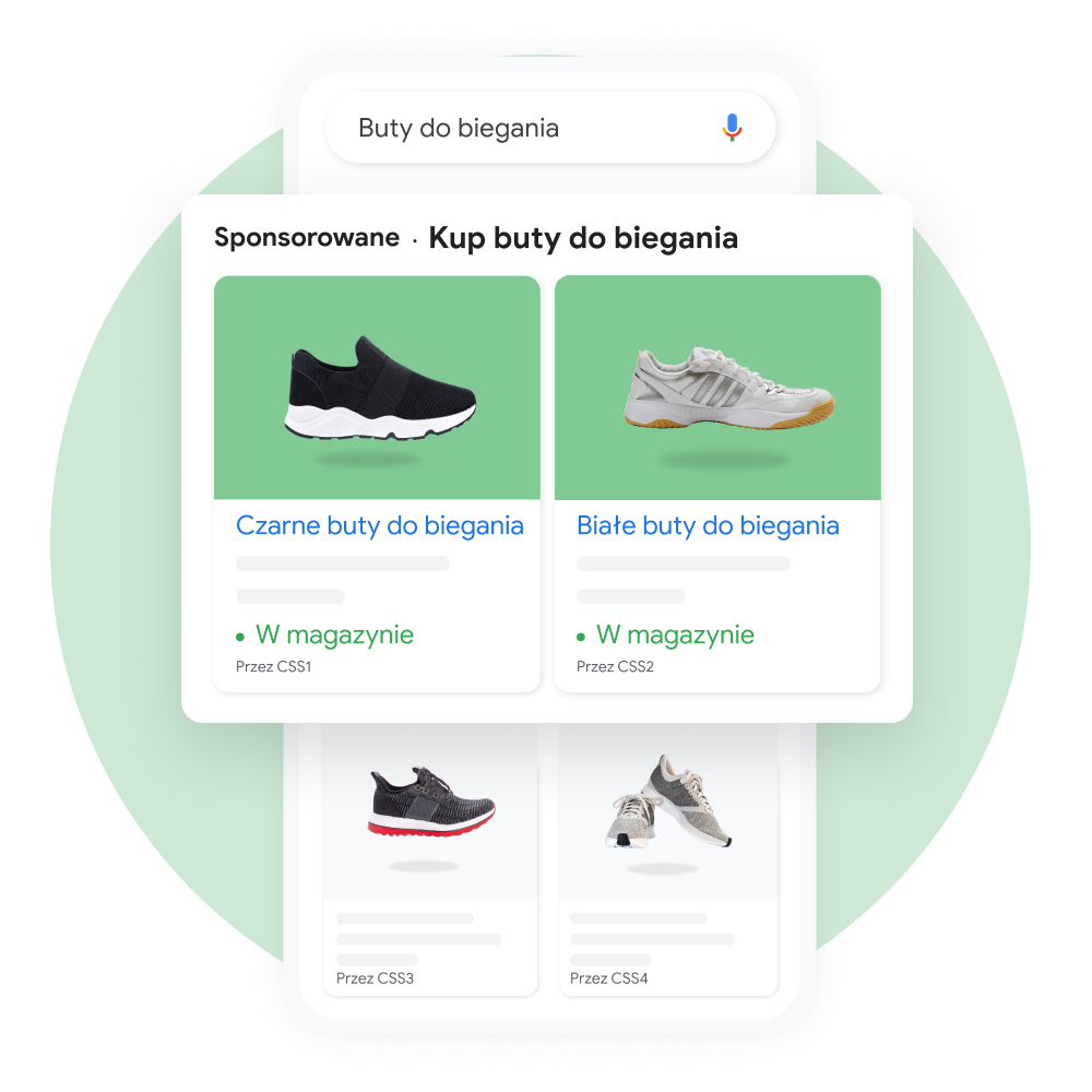 Interfejs pokazujący, jak użytkownik wyszukuje buty do biegania w Zakupach Google, z wyeksponowanym wydzielonym okienkiem wyników sponsorowanych.