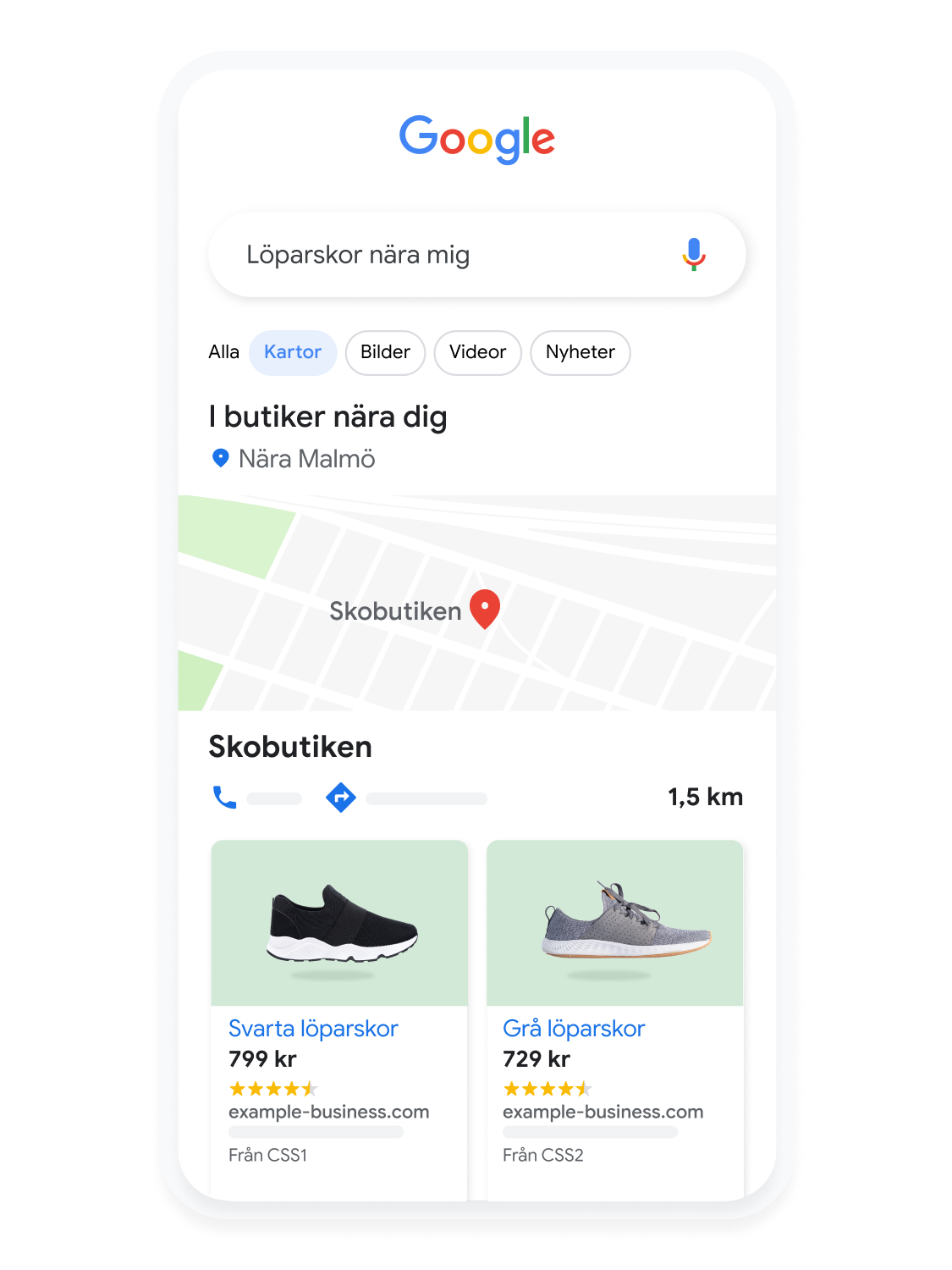 Animerat mobilanvändargränssnitt som illustrerar en sökning efter löparskor på Google Maps.