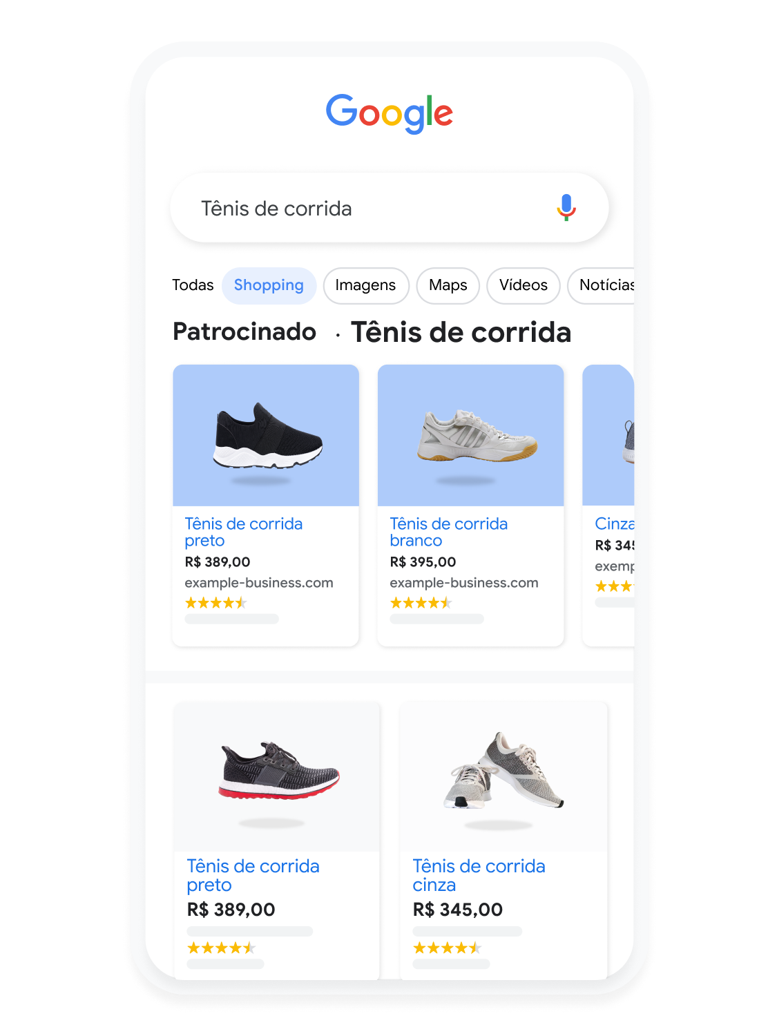 Interface animada do dispositivo móvel mostrando um usuário pesquisando tênis de corrida no Google Shopping.