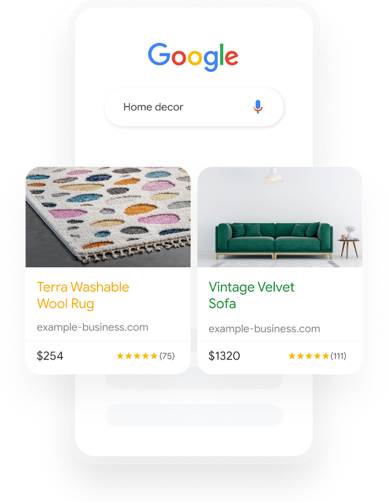 Illustration of a phone shows a Google search query for Home Decor that results in two relevant Shopping Ads.