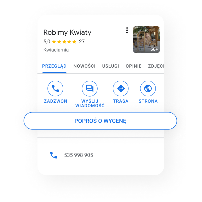Obraz przedstawiający widok profilu firmy na komórce z wyświetlonym przyciskiem Poproś o wycenę