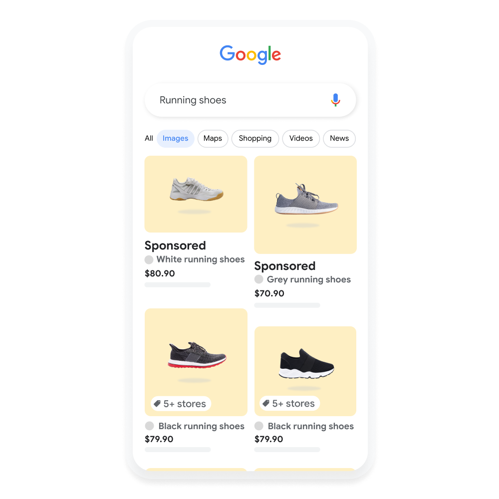 Mobile user interface animated to show a user searching for running shoes on Google Images.