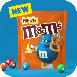 We see a preview image from the video of a bag of M&M’s.