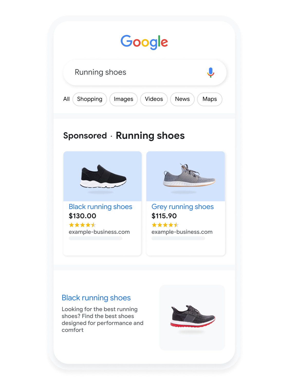 Mobile user interface animated to show a user searching for running shoes on Google Search.