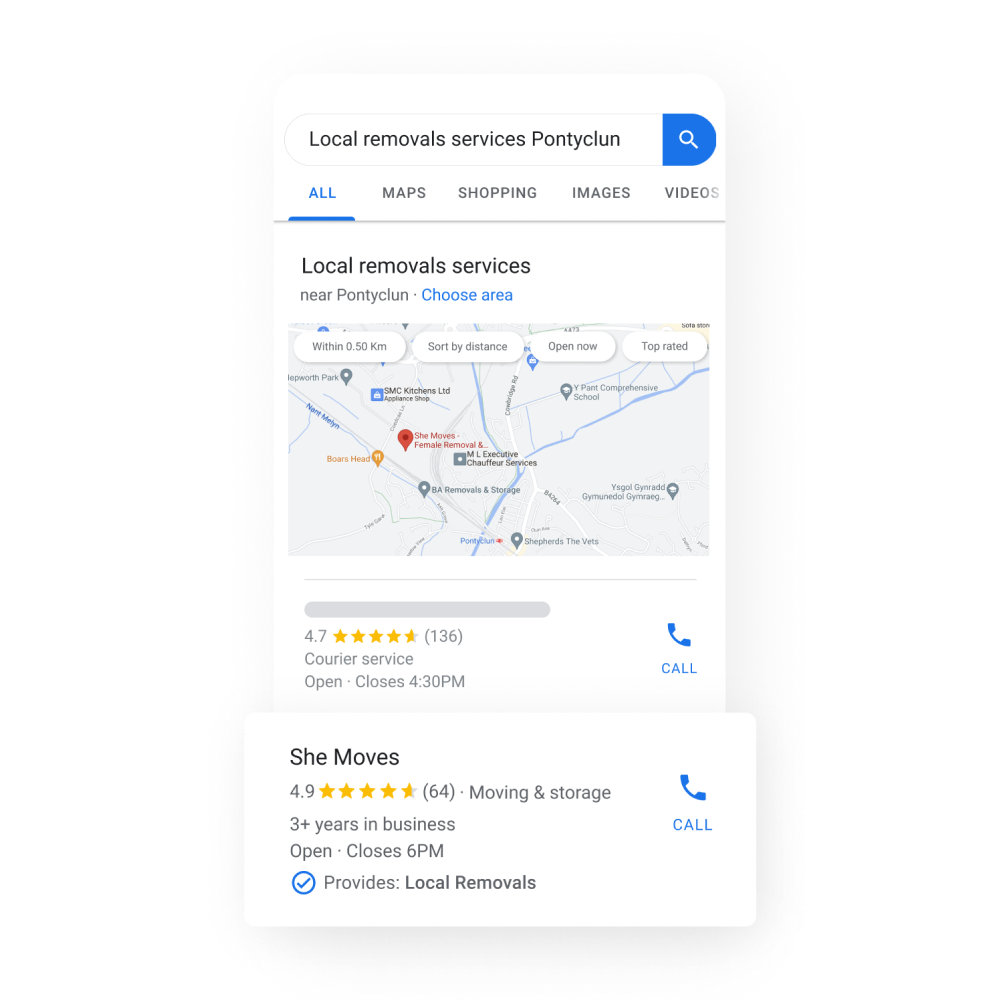 Local removals services information with a location in google maps.