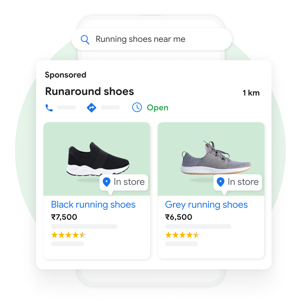 User interface demonstrating a user searching for running shoes on Google Maps, with a pop out of a sponsored Business Profile result previewing products available in-store enhanced for emphasis.