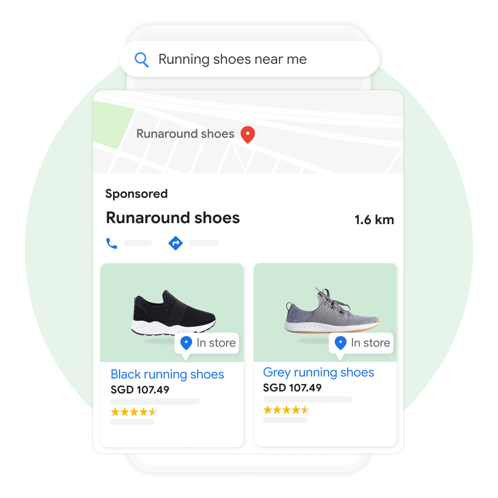 Mobile user interface animated to show a user searching 'running shoes near me' on Google Maps, with a sponsored Business Profile result pulled up and displaying a list of products available in their shop.