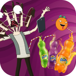 We see the preview image from a Fanta video with two animated characters and three bottles of Fanta.