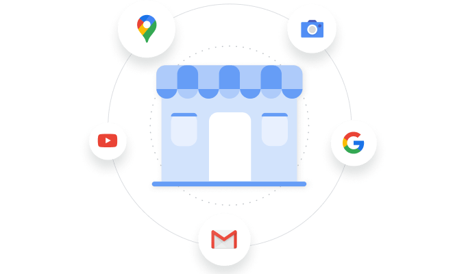 Icona di posizione fisica circondata dalle icone con brand di Google Maps, Google Immagini, Ricerca Google, YouTube e Gmail.