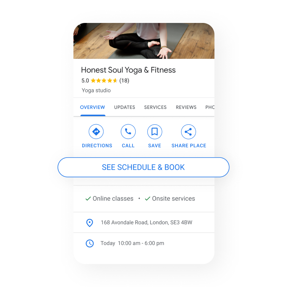 Business profile overview information with a see schedule & book as a main call to action, with online classes and onsite services information.