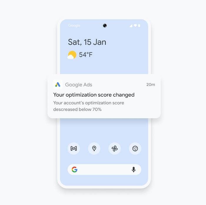 Illustration of a phone shows a Google Ads mobile app notification about an optimisation score change.