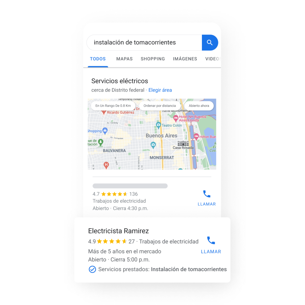 Imagen del Perfil de Negocio de una empresa de servicios en la Búsqueda de Google donde se muestra un mapa y, más abajo, se destacan algunas credenciales de la empresa, como la calificación por estrellas y la trayectoria