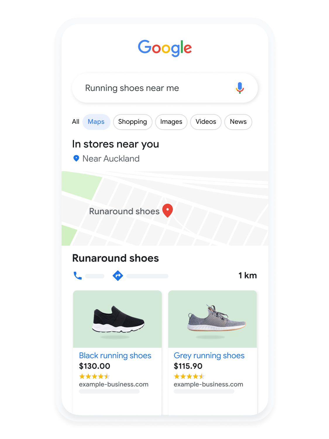 Mobile user interface animated to show a user searching for running shoes on Google Maps.