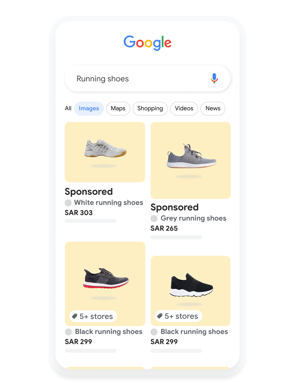 Mobile user interface animated to show a user searching for running shoes on Google Images.