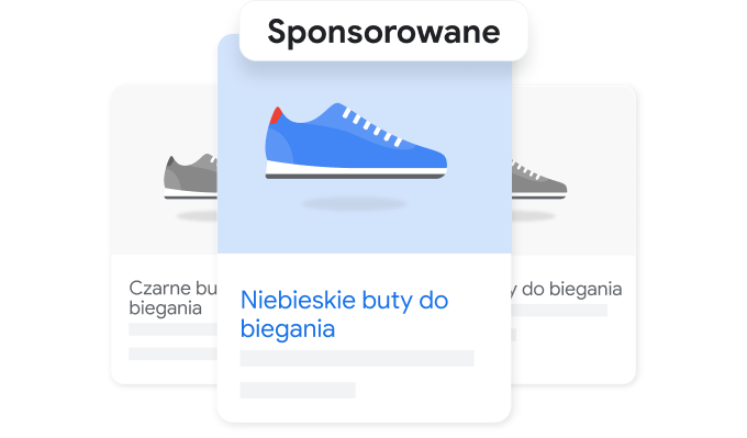 Wybór produktów wyświetlanych w wyszukiwarce Google z wyeksponowanym produktem sponsorowanym.