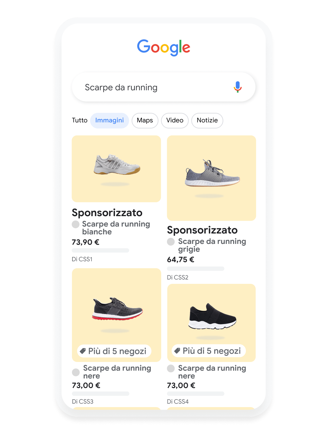 Interfaccia utente mobile animata che mostra una ricerca di scarpe da corsa su Google Immagini.