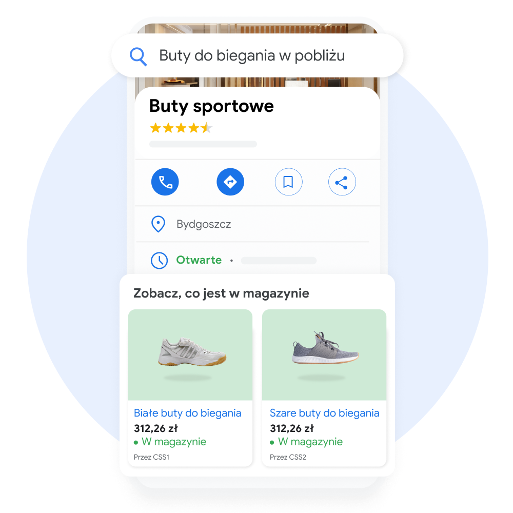 Interfejs mobilny przedstawiający profil firmy w Google, z wyeksponowanymi informacjami o produktach dostępnych w sklepie pod tekstem „Zobacz, co jest w sklepie”.