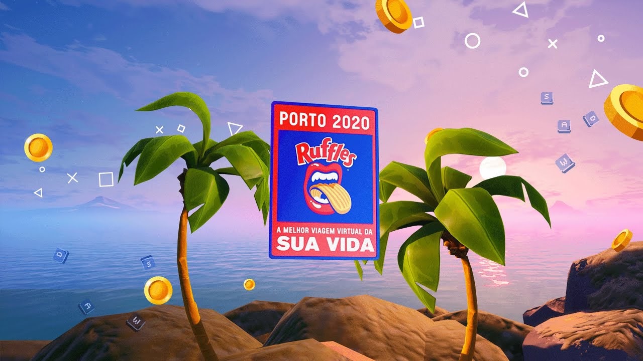 We see the preview screen for a video from Ruffles for Porto 2020 with palm trees and a sunset. 