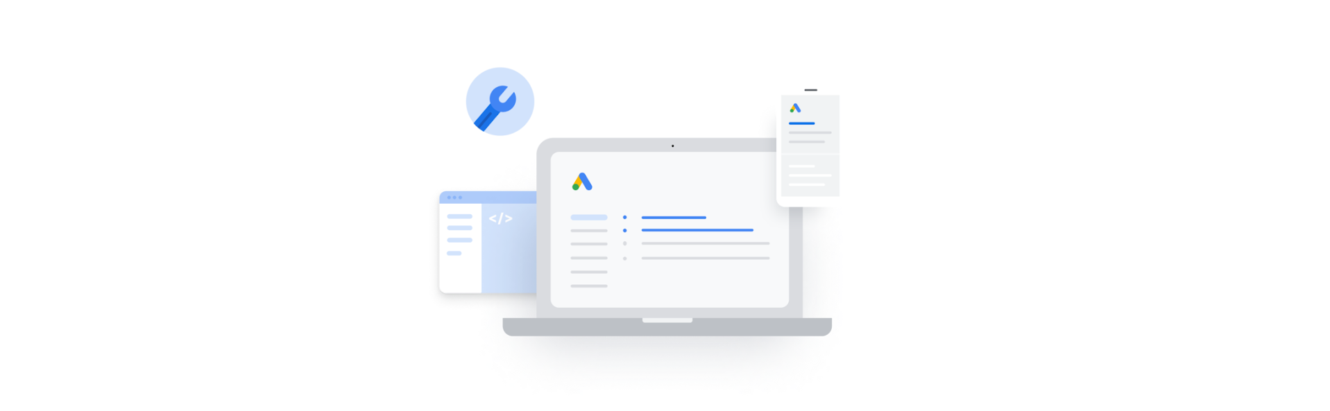 Illustration showing a tools interface across desktop, mobile and a control panel