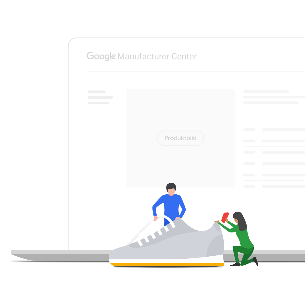 Två tecknade figurer designar och tillverkar en löparsko framför en laptop med användargränssnittet i Google Manufacturer Center.