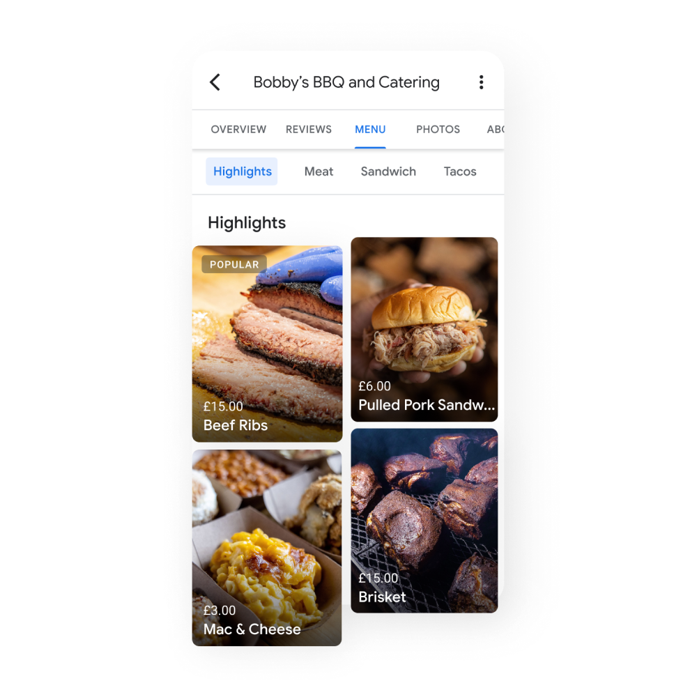 Business profile highlights with Beef Ribs, Pulled Pork Sandwich, Mac and cheese and brisket photos and prices.