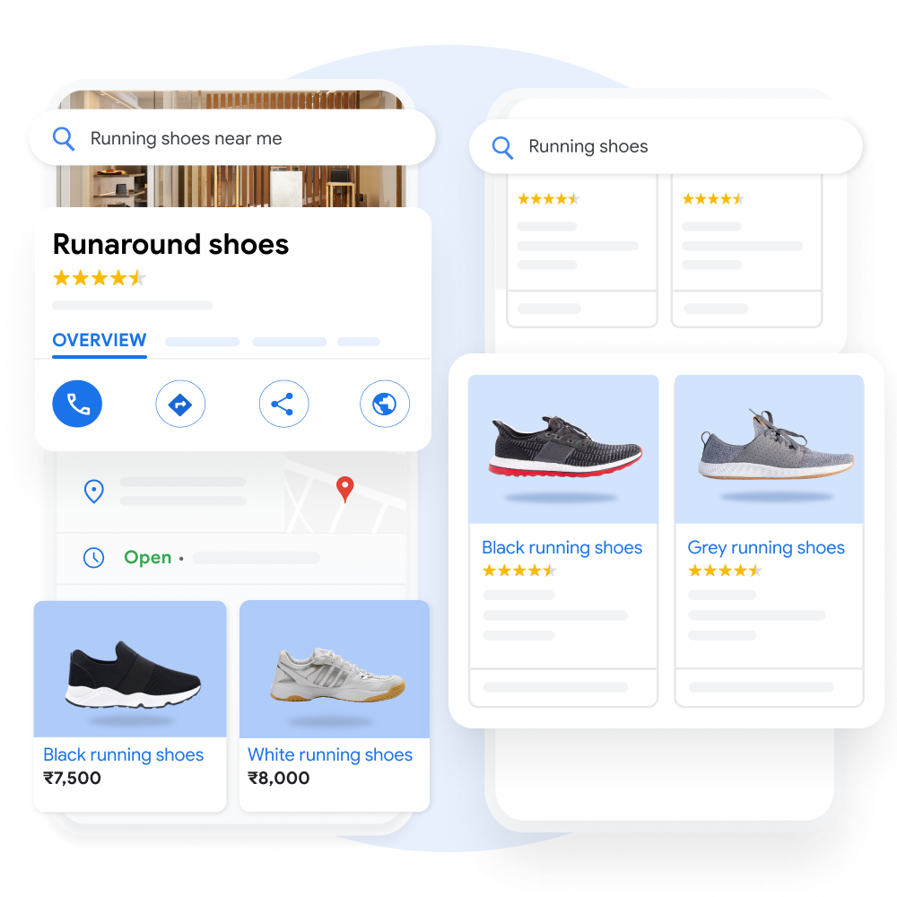 A mobile user interface demonstrating how your business and products can appear on Google with key information that is pulled out for emphasis.