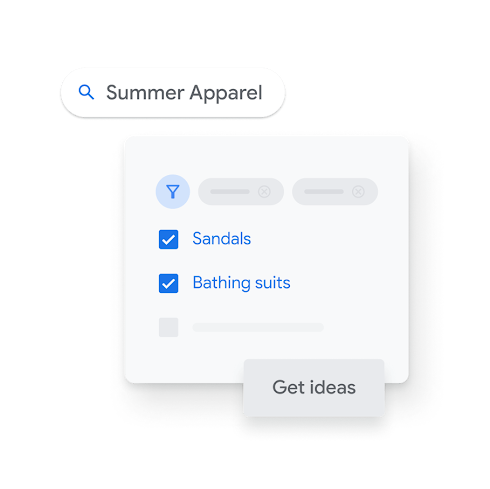 Keyword Planner UI shows ‘sandals’ and ‘bathing suits’ selected to appear in searches for ‘summer apparel’.